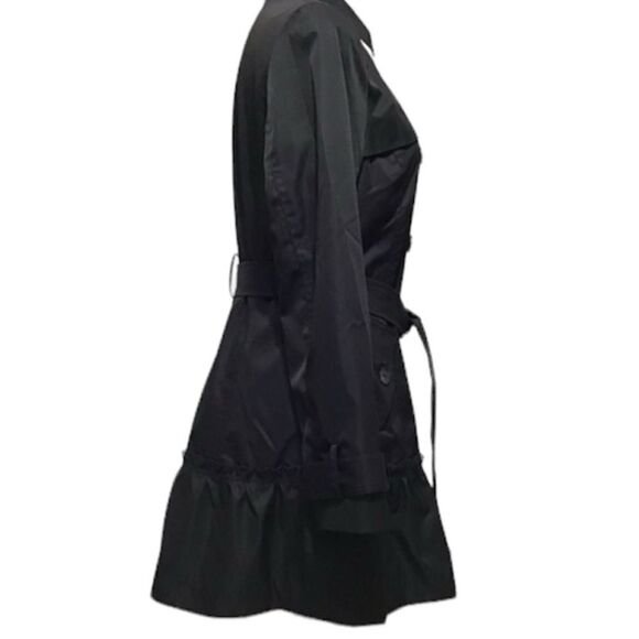 Sandro Studio Black Wrap Coat Double Breast Self Tie Belt Ruffle Hem Large - Picture 3 of 15